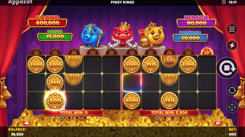 Piggy Kings - menu de configurações e intervalo de apostas